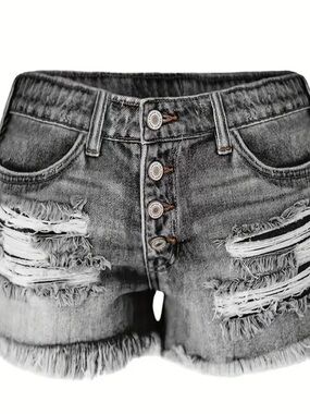Distressed High-Waist Denim Shorts - Black